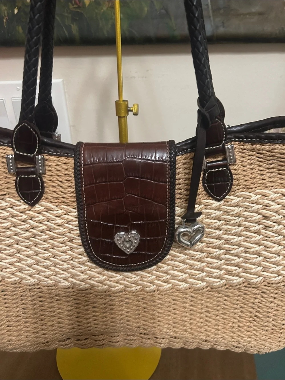 Brighton Natural Straw Tote with Brown Leather Trim and Heart Charm